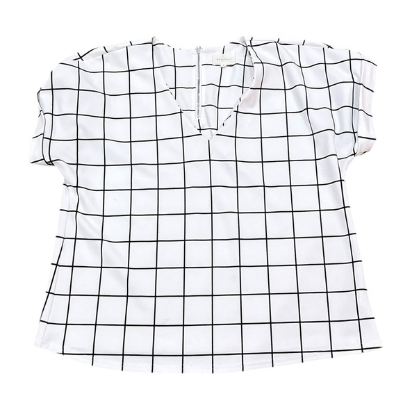 MELLODAY White with Black checks v neck short cuffed sleeves blouse top medium - Picture 3 of 8